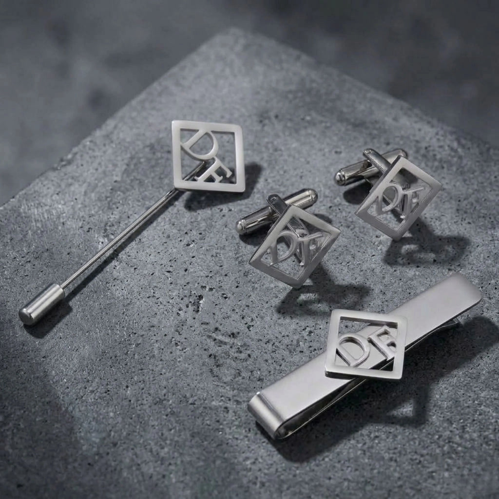 Custom Square Initial Cufflinks, Tie Clip & Lapel Pin Set - Personalized Brass Men’s Jewelry Gift