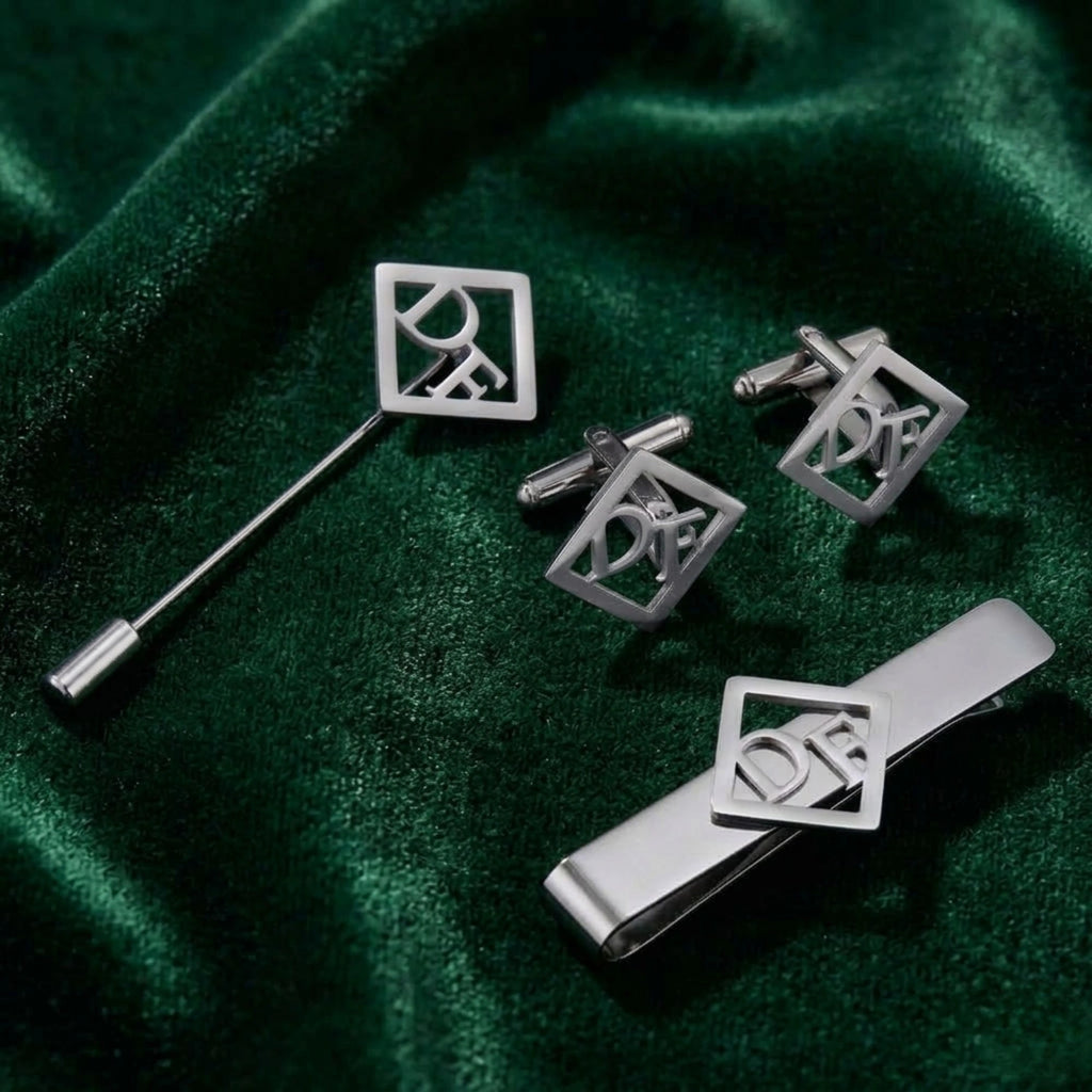 Custom Square Initial Cufflinks, Tie Clip & Lapel Pin Set - Personalized Brass Men’s Jewelry Gift