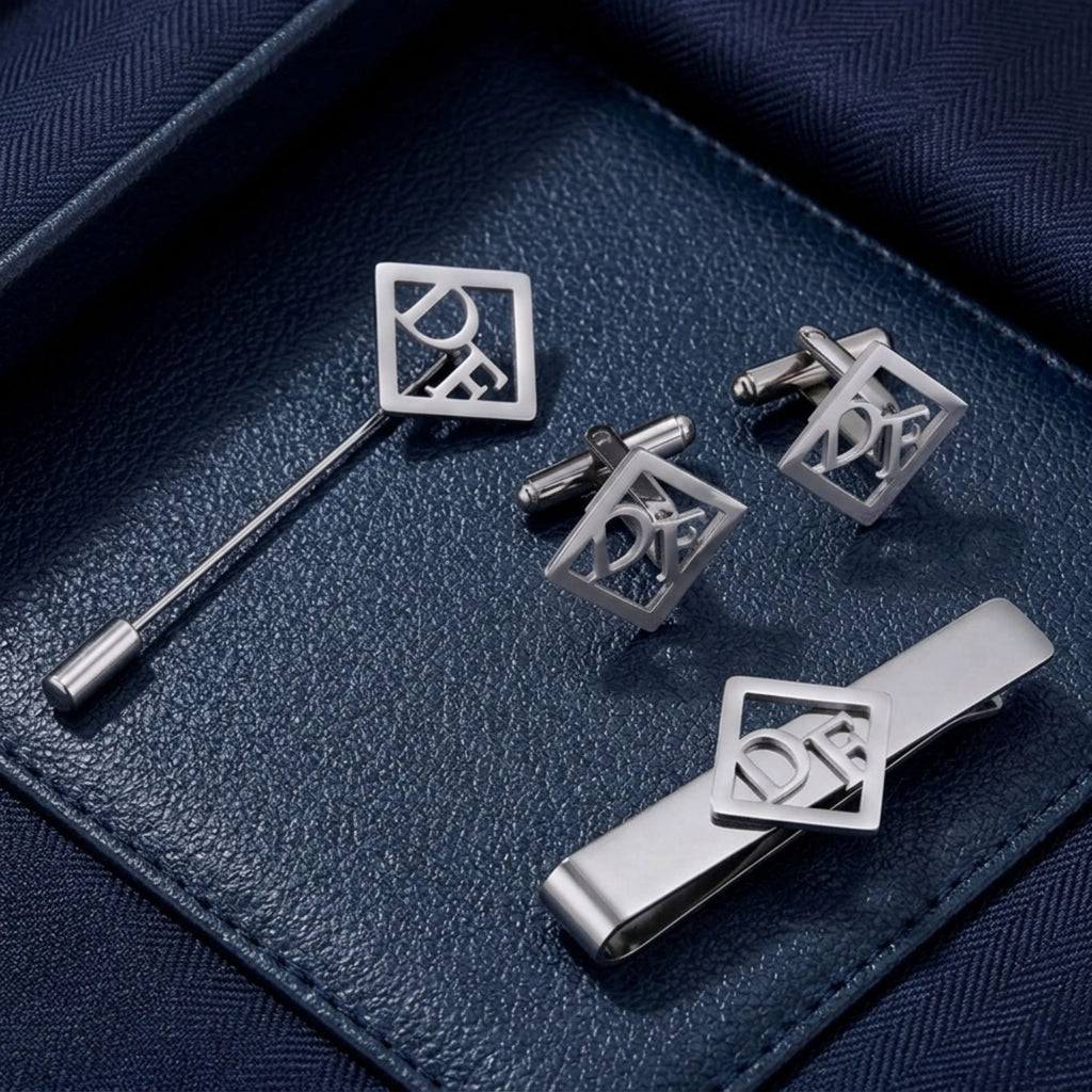 Custom Square Initial Cufflinks, Tie Clip & Lapel Pin Set - Personalized Brass Men’s Jewelry Gift