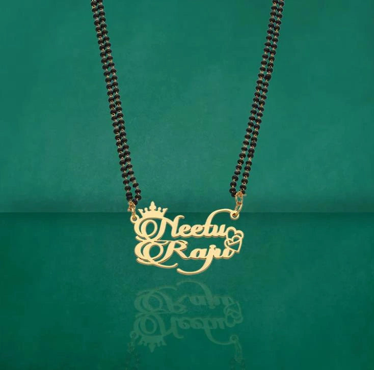 Personalized Crown & Heart Couple Name Mangalsutra – Gold Plated Double Name Pendant