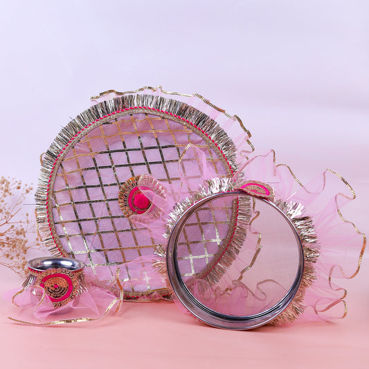 Karwa Chauth Thali Set | Pink and Multi Colour Pooja Thali