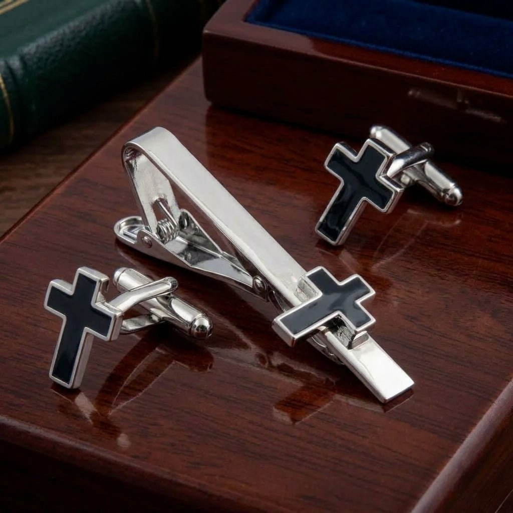 Premium Men’s Black Cross Cufflinks & Tie Clip Combo Set- Luxury Christian Gift Set for Weddings & Office Wear