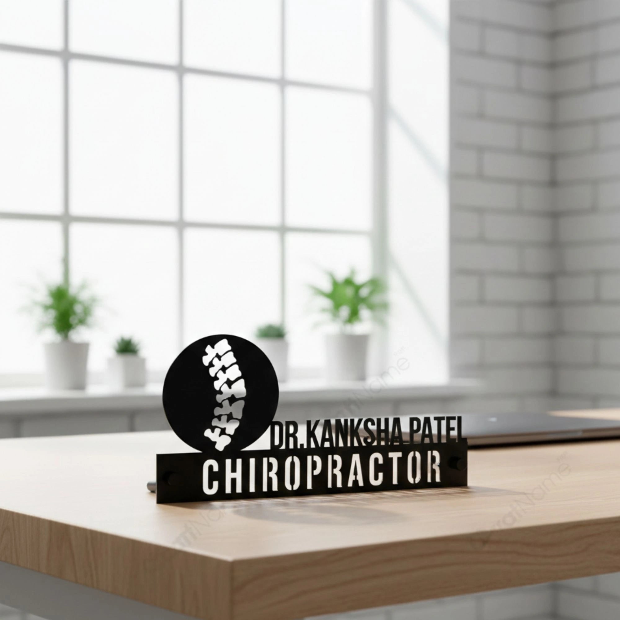 Custom Chiropractor Desk Name Plate - Personalized Stainless Steel Doctor Desk Sign, Spine Anatomy Medical Office Decor