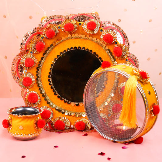 Karwa Chauth Thali Set | Yellow and Mirror Finish