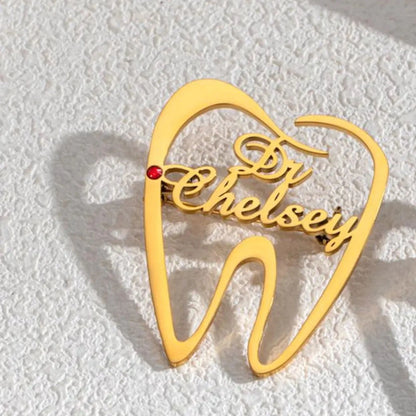 Customised Tooth Name Brooch Pin with Red Stone | Custom Dental Brooch
