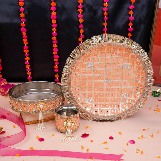 Peachy Mirror Magic Karwa Chauth Thali Set | Peach Colour Star Design