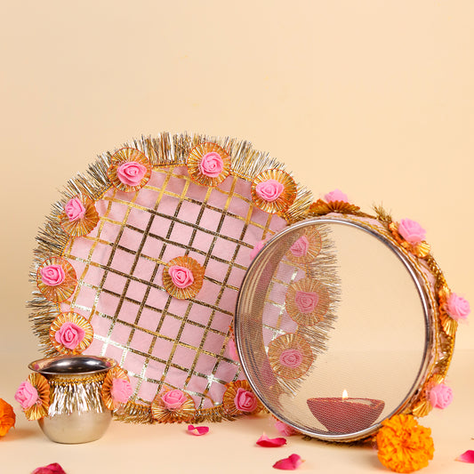 Light Gold Karwa Chauth Thali Set | Steel Pooja Thali with Channi and Kalash