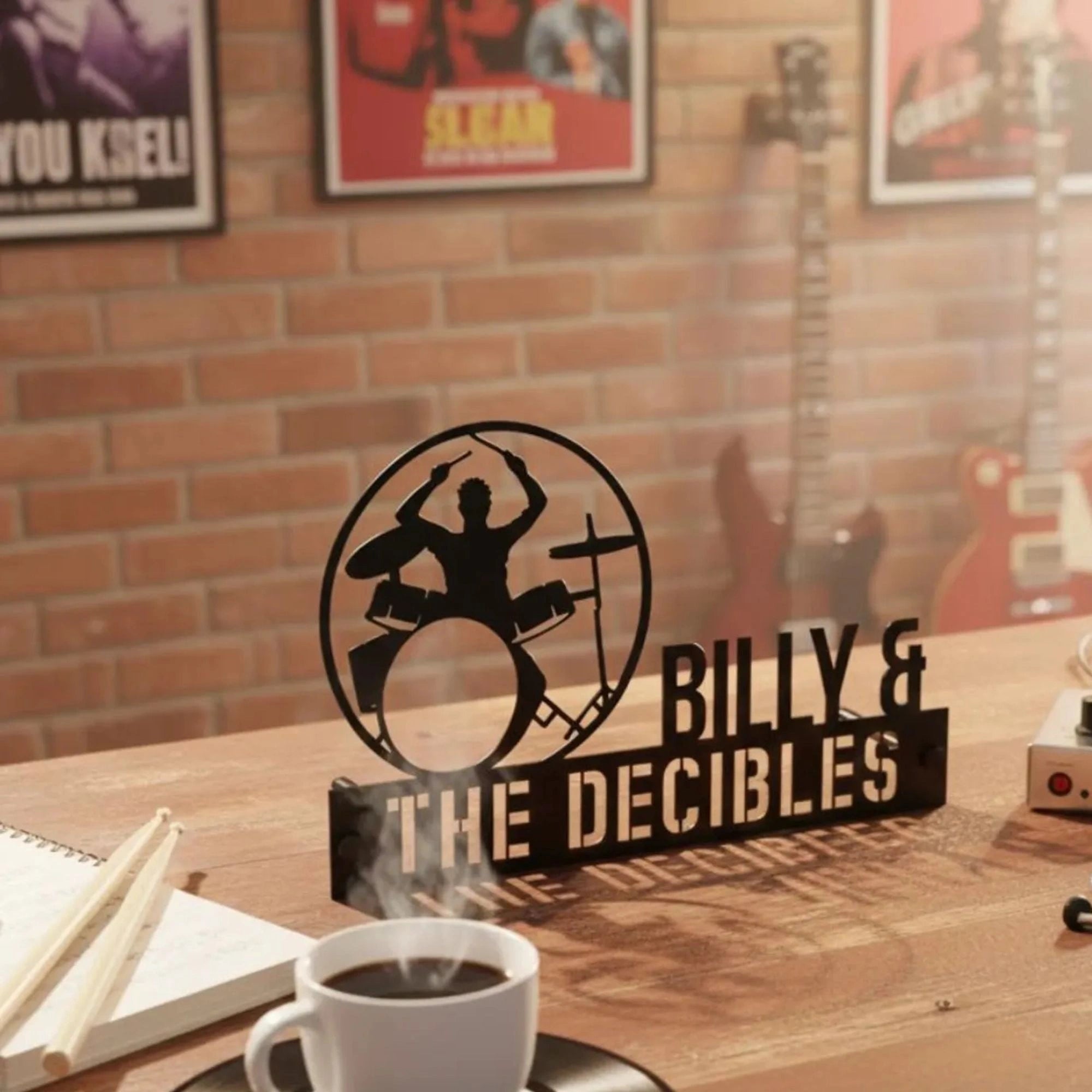 Personalized Drummer Desk Name Plate - Custom Band Name Stainless Steel Table Sign - Musician & Drum Set Office Decor