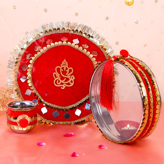 Red Ganesha Karwa Chauth Thali Set | Steel Thali Channi Kalash