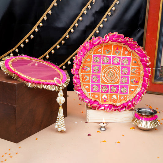Royal Karwa Chauth Pooja Thali Set | Multi Patch Colour Thali