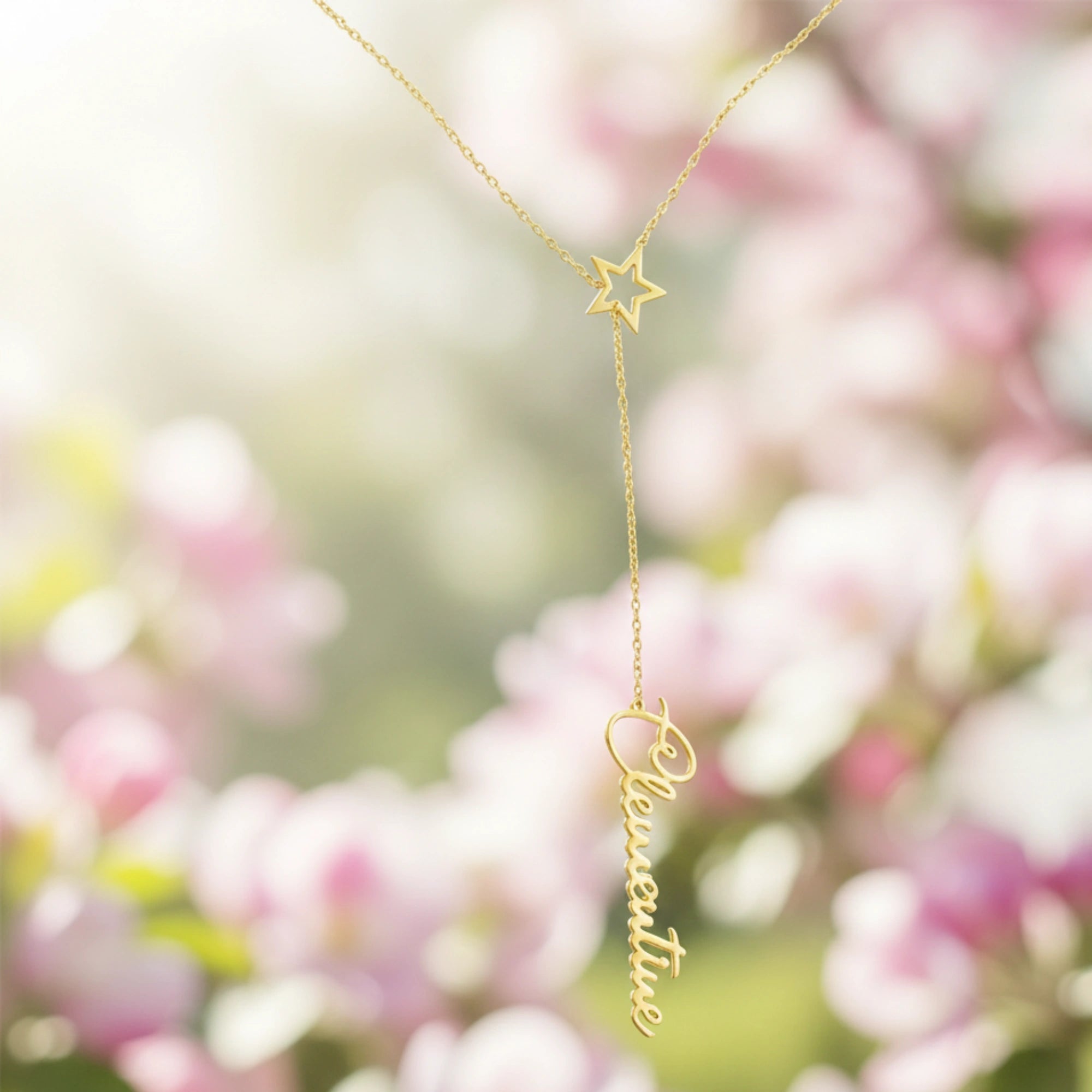 Custom Vertical Name & Star Charm Y-Lariat Necklace – Personalized Script Nameplate with Dainty Star Accent