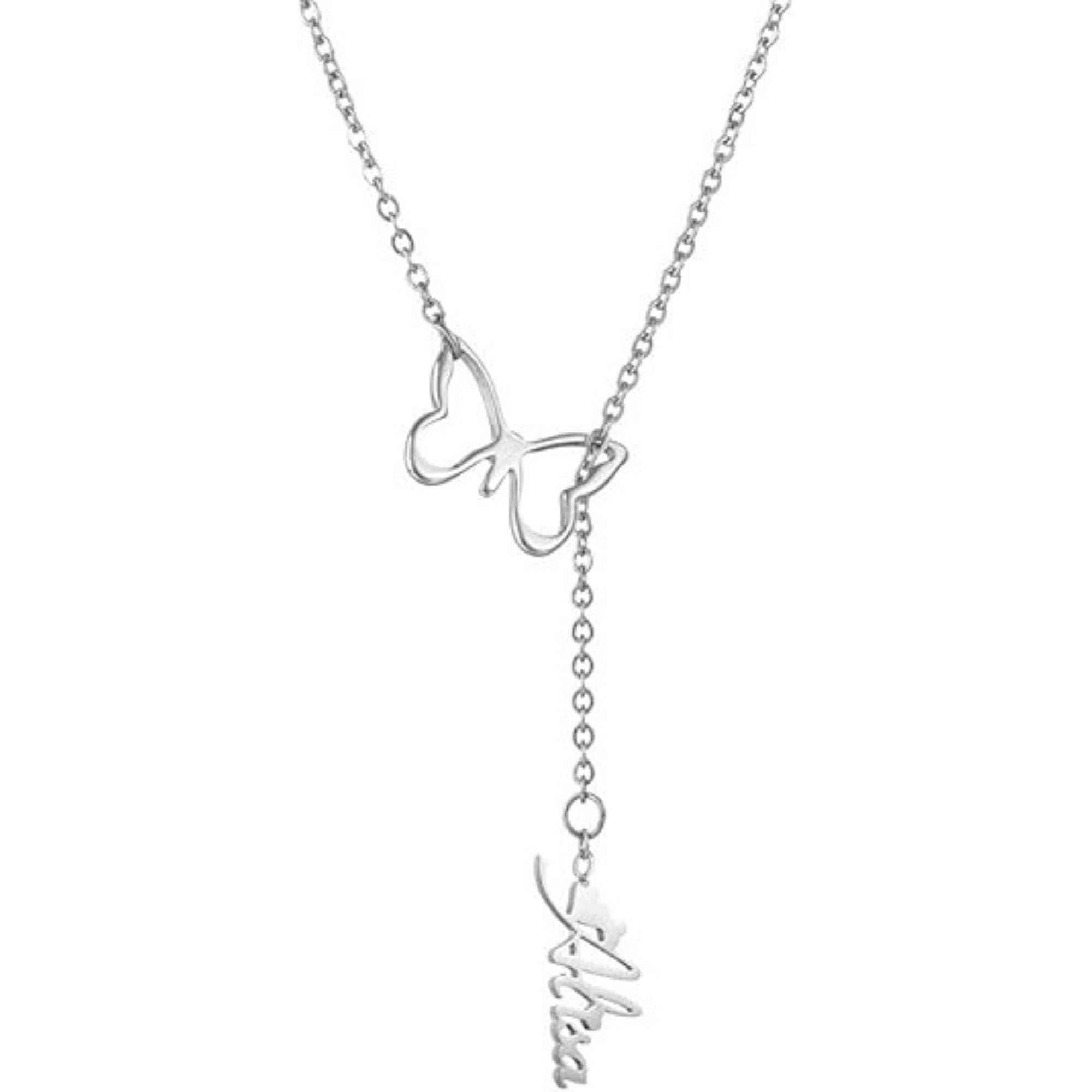 Personalized Butterfly Name Y-Necklace - Custom Vertical Nameplate Pendant with Butterfly Charm for Women & Girls