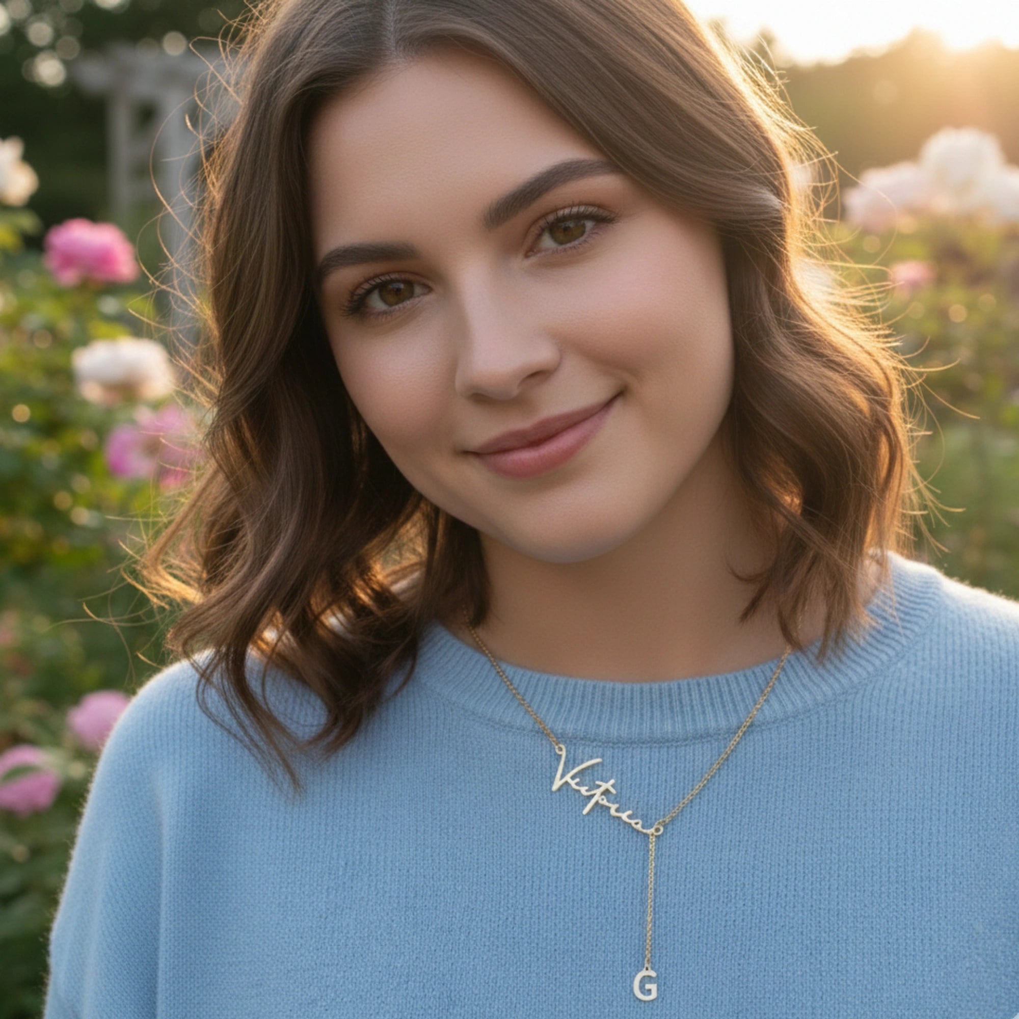 Custom Signature Name & Initial Y-Lariat Necklace – Personalized Script Nameplate with Dainty Alphabet Drop