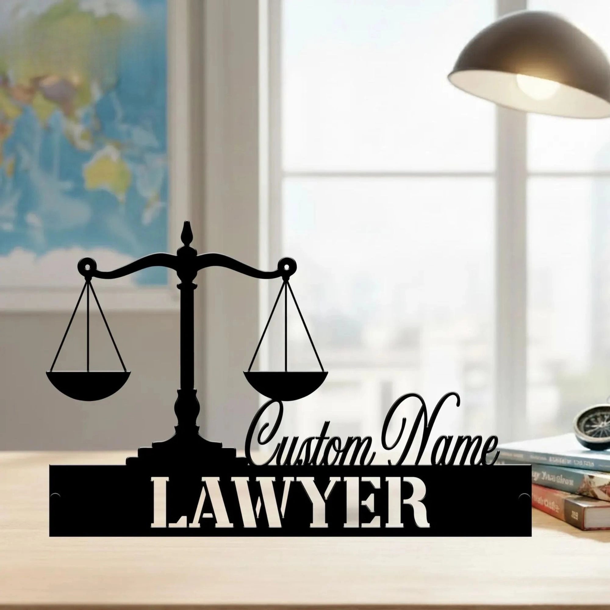 Personalized Stainless Steel Lawyer Desk Name Plate - Custom Attorney Table Sign with Scales of Justice