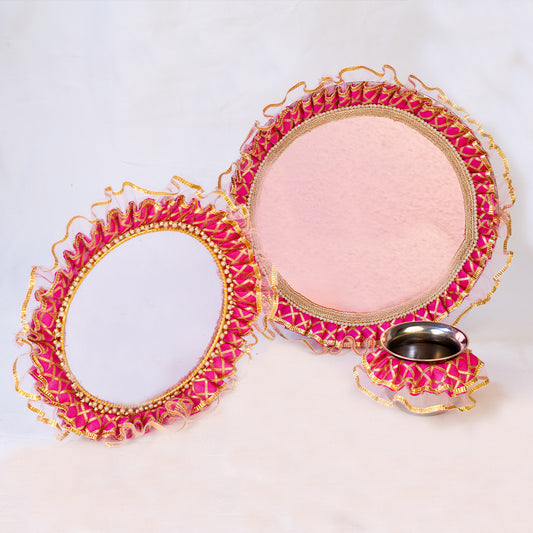 Mirror of Love Pooja Thali Set | Pink Frill Colour Star Karwa Chauth Thali