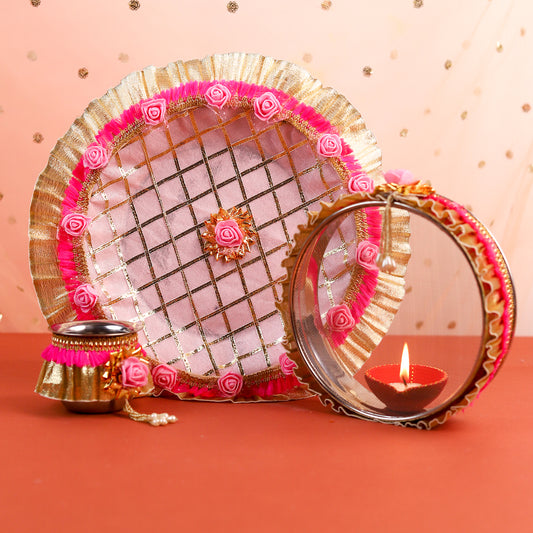 Nice Floral Karwa Chauth Thali Set | Designer Steel Thali