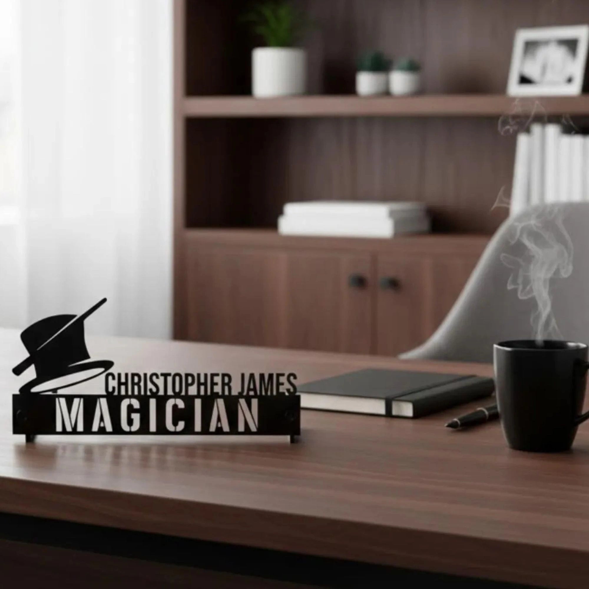 Personalized Magician Desk Name Plate - Custom Stainless Steel Magic Performer Table Sign - Illusionist Office Decor