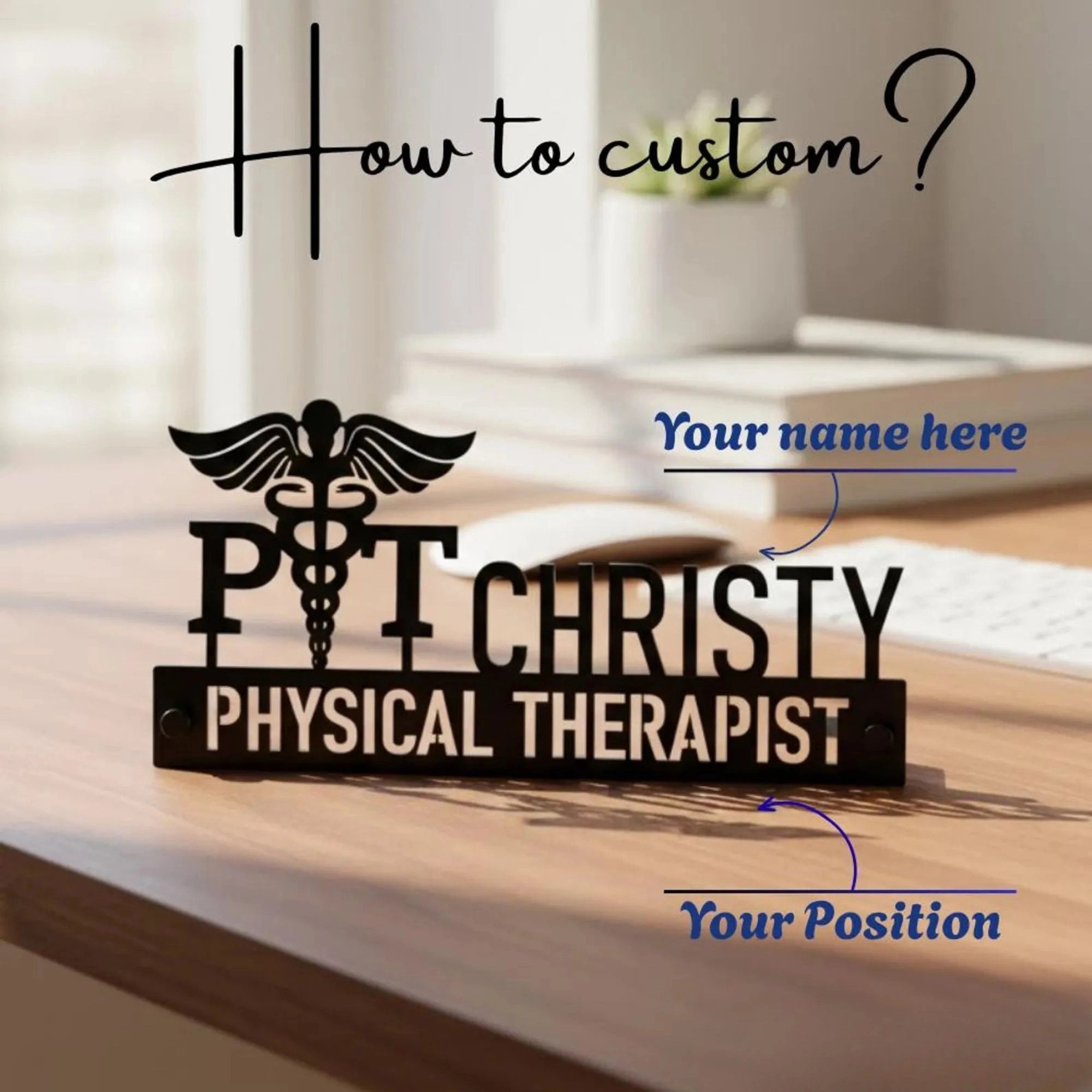 Custom Physical Therapist Desk Name Plate - Personalized Stainless Steel PT Doctor Desk Sign, Medical Clinic Office Decor