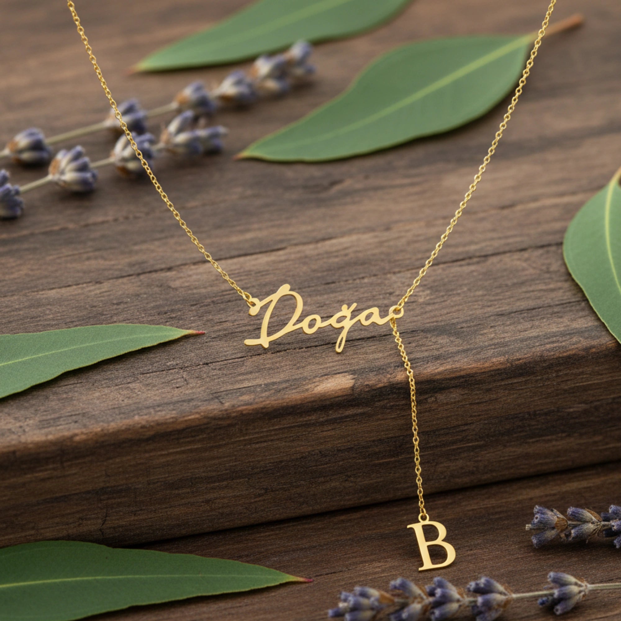Custom Script Name & Initial Y-Lariat Necklace – Personalized Lariat Nameplate with Drop Alphabet Letter