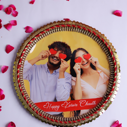 MOSKAI Custom Photo Thali with Gold and Red | Personalized Decorative Pooja Thali