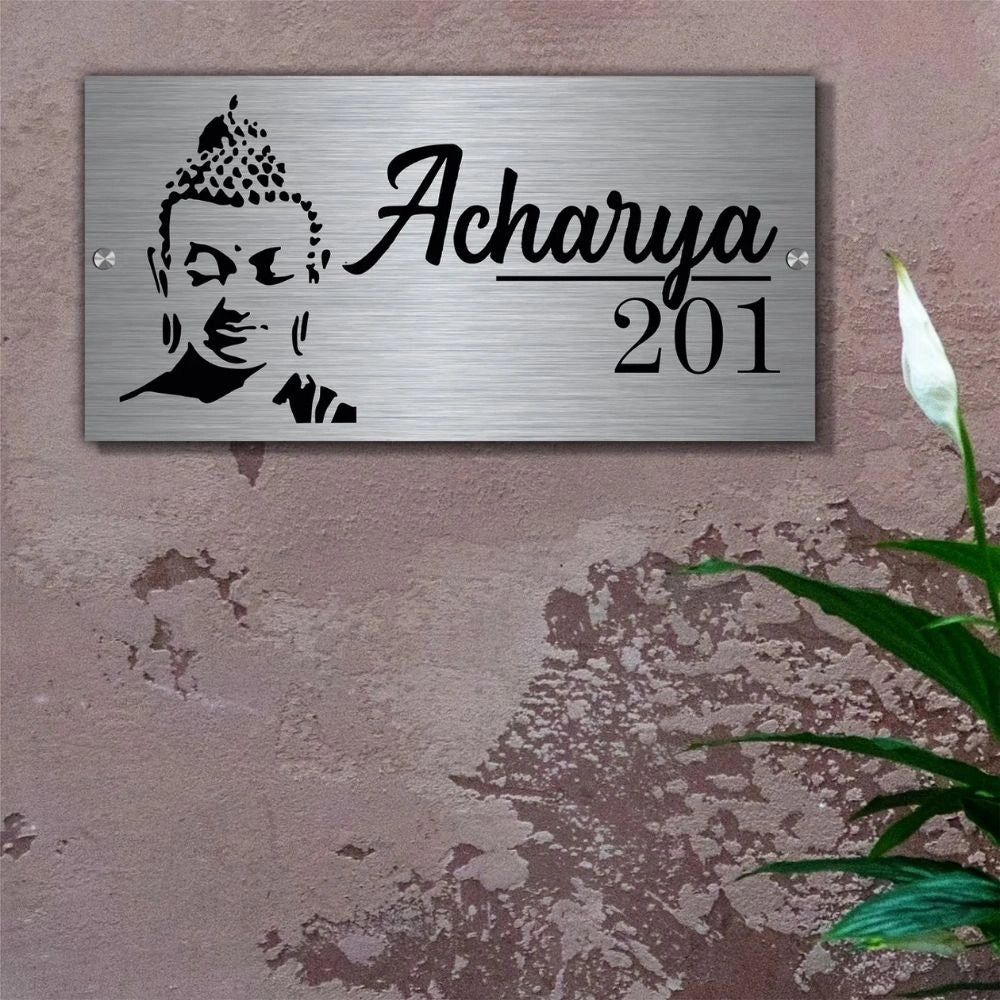 Personalized Buddha Theme Metal Nameplate - Zen Decor for Home Entrance 4 x 12 Inches