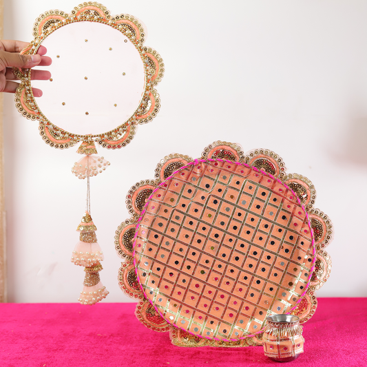 MOSKAI Pink Dots Thali Set | Traditional Decorative Pooja Thali