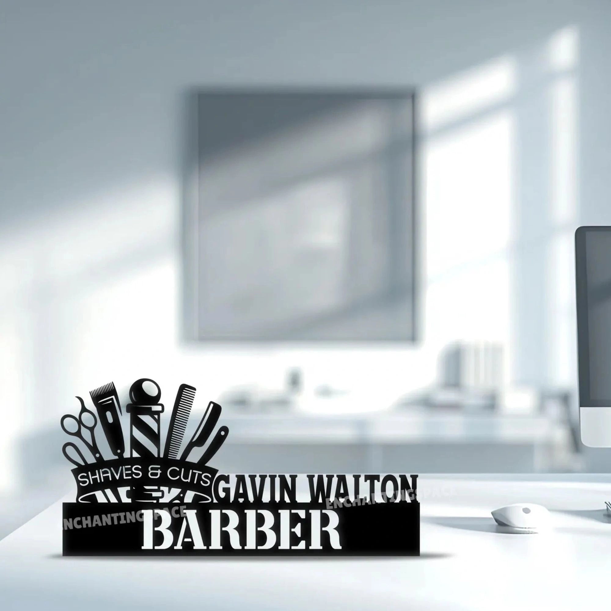 Personalised Barber Desk Name Plate - Personalized Stainless Steel Hairdresser Studio Sign, Professional Barbershop Station Decor