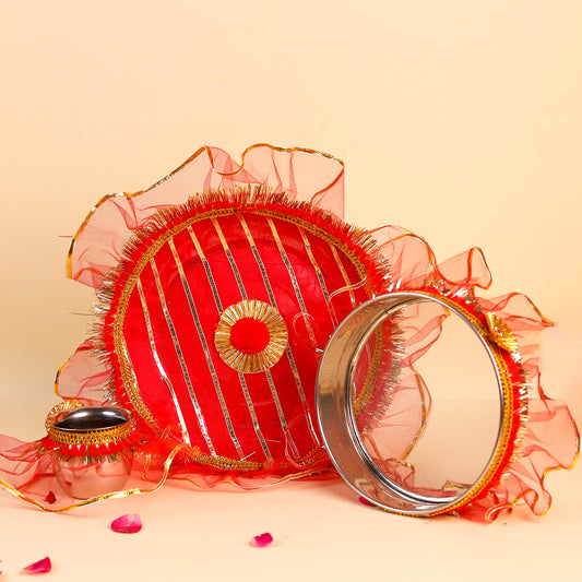 Karwa Chauth Thali Set Red and Golden | Steel Pooja Thali