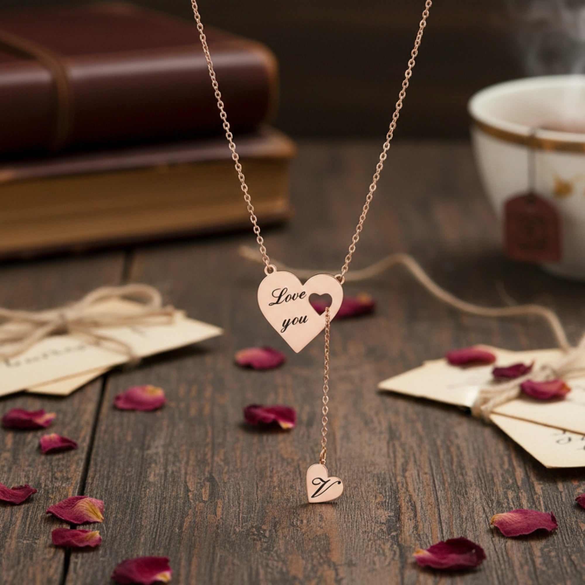 Personalized Heart Y-Lariat Necklace with Custom Initial – Engraved "Love You" Pendant-Romantic Birthday & Anniversary Gift for Her