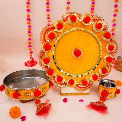 Golden Glow Yellow Karwa Chauth Pooja Thali Set | Yellow Colour Star Thali