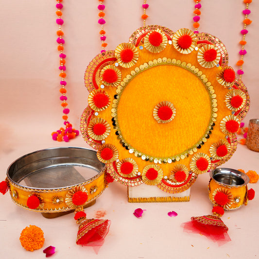 Golden Glow Yellow Karwa Chauth Pooja Thali Set | Yellow Colour Star Thali