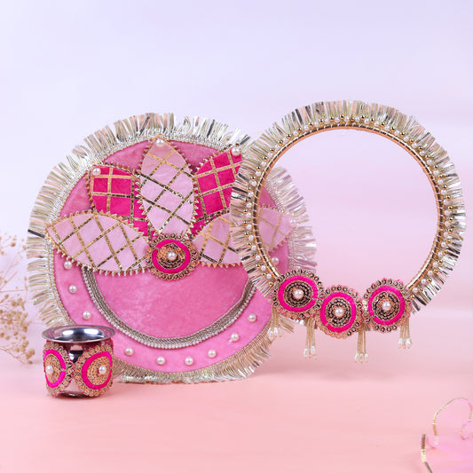 Pink Perfection Karwa Chauth Celebrations Pooja Thali Set | Pink Leaf Colour