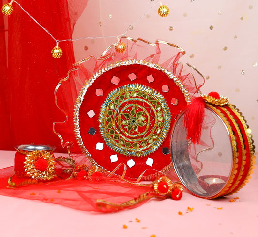 Red Designer Karwa Chauth Thali Set with Cover | Steel Thali Channi and Kalash