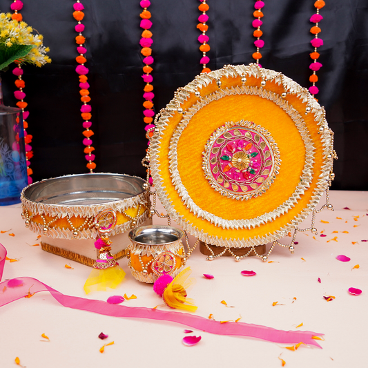 MOSKAI Yellow Thali Set | Decorative Pooja Thali | Festival Aarti Plate