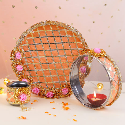 Orange Chequered Karwa Chauth Thali Set | Steel Thali