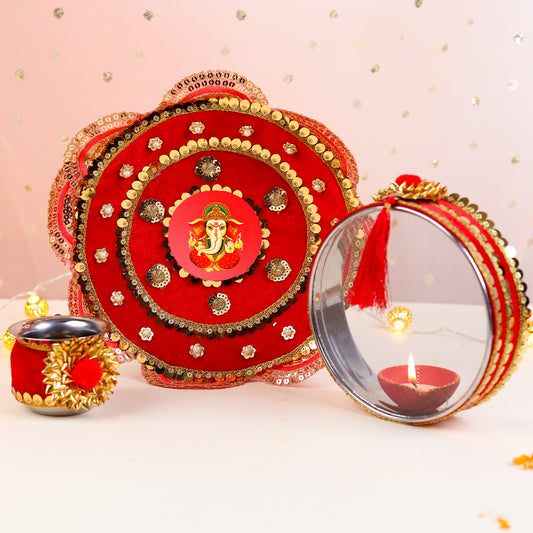 Blessings in Red Ganesha-Themed Karwa Chauth Thali Set | Steel Thali