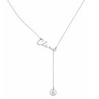 Personalised Signature Name & Initial Disc Y-Lariat Necklace – Personalized Lariat Nameplate with Alphabet Coin Drop