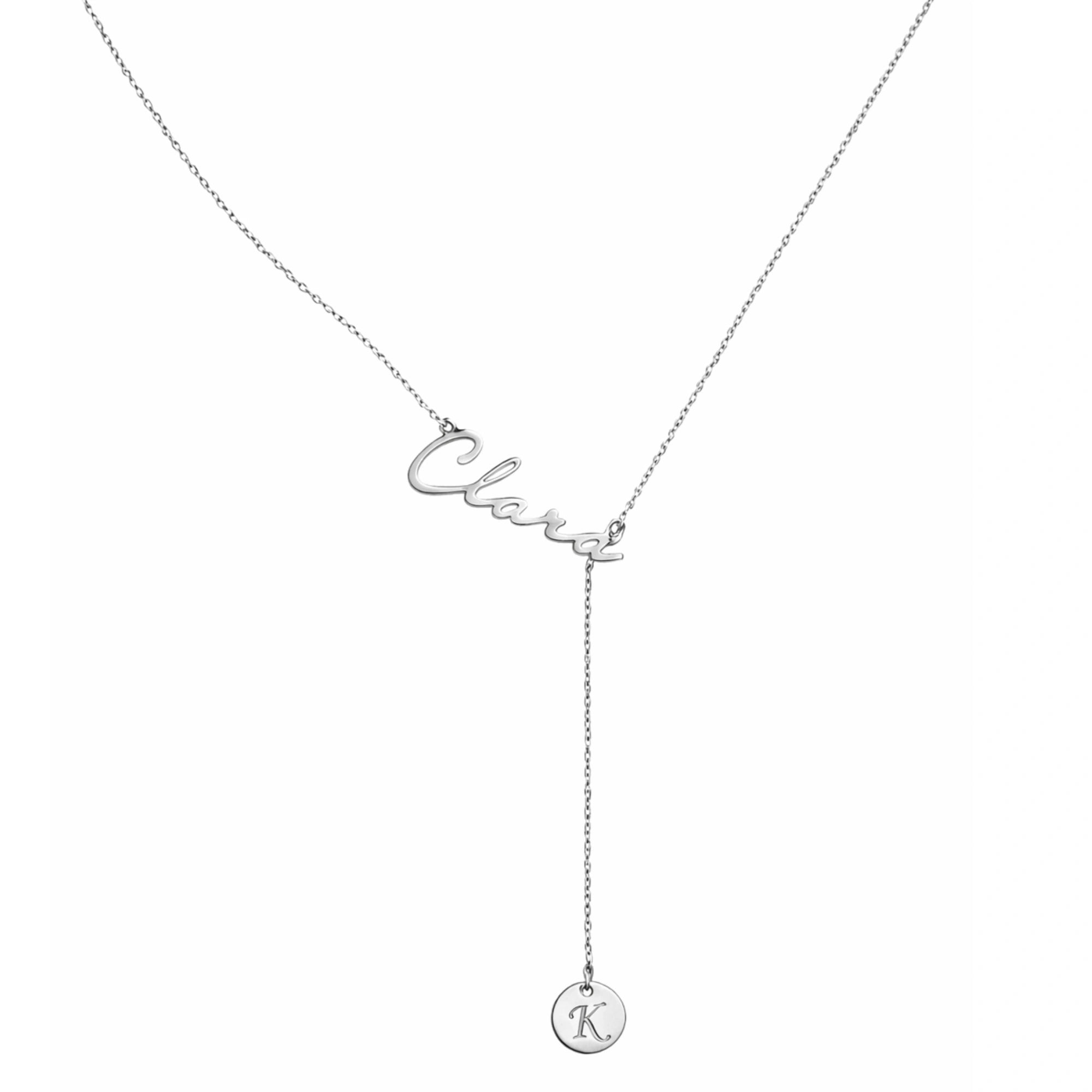 Personalised Signature Name & Initial Disc Y-Lariat Necklace – Personalized Lariat Nameplate with Alphabet Coin Drop