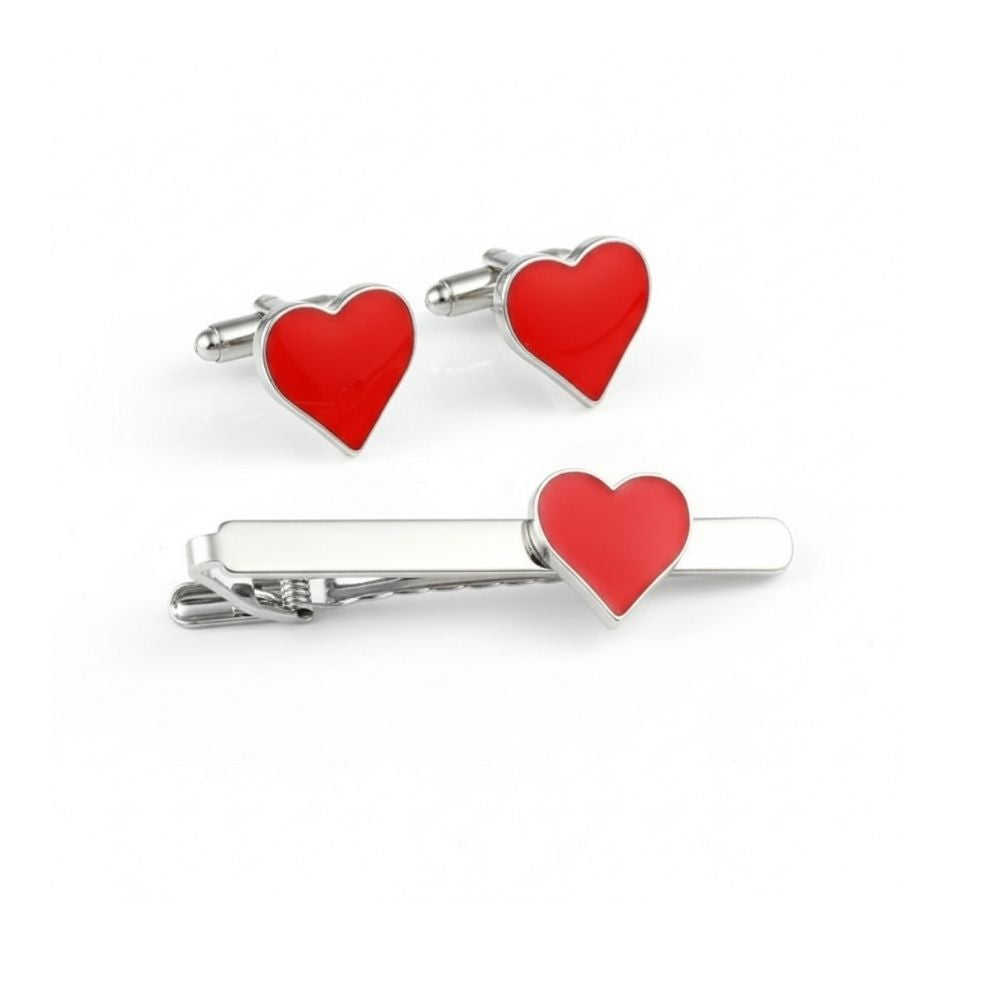 Moskai Heart Cufflink & Tie Clip Combo | Red & Black Heart Set | Valentine Love Collection Gift for Him