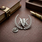 Gold Laurel Wreath Monogram 'AK' Crest Brooch Pin for Suits & Accessories