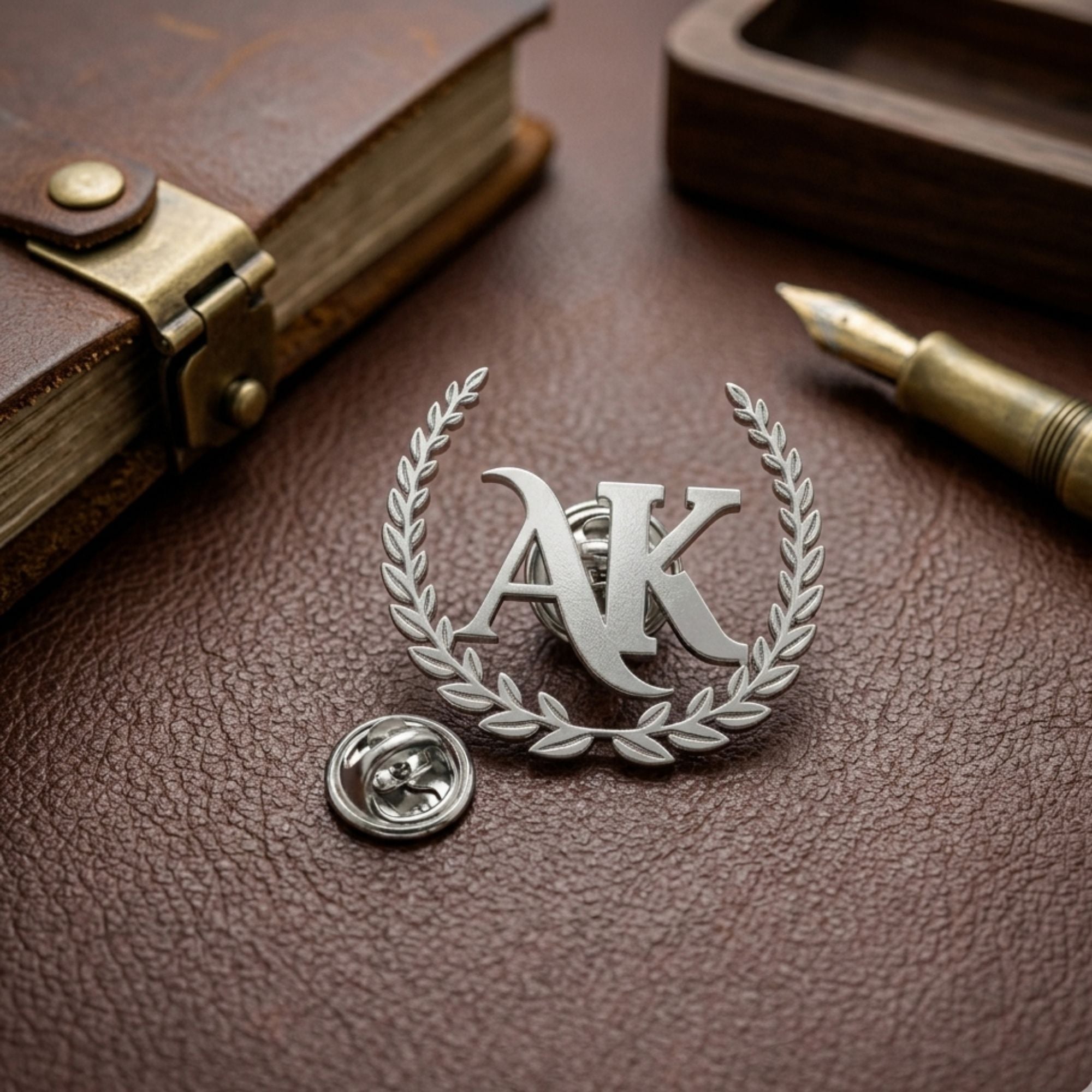 Gold Laurel Wreath Monogram 'AK' Crest Brooch Pin for Suits & Accessories