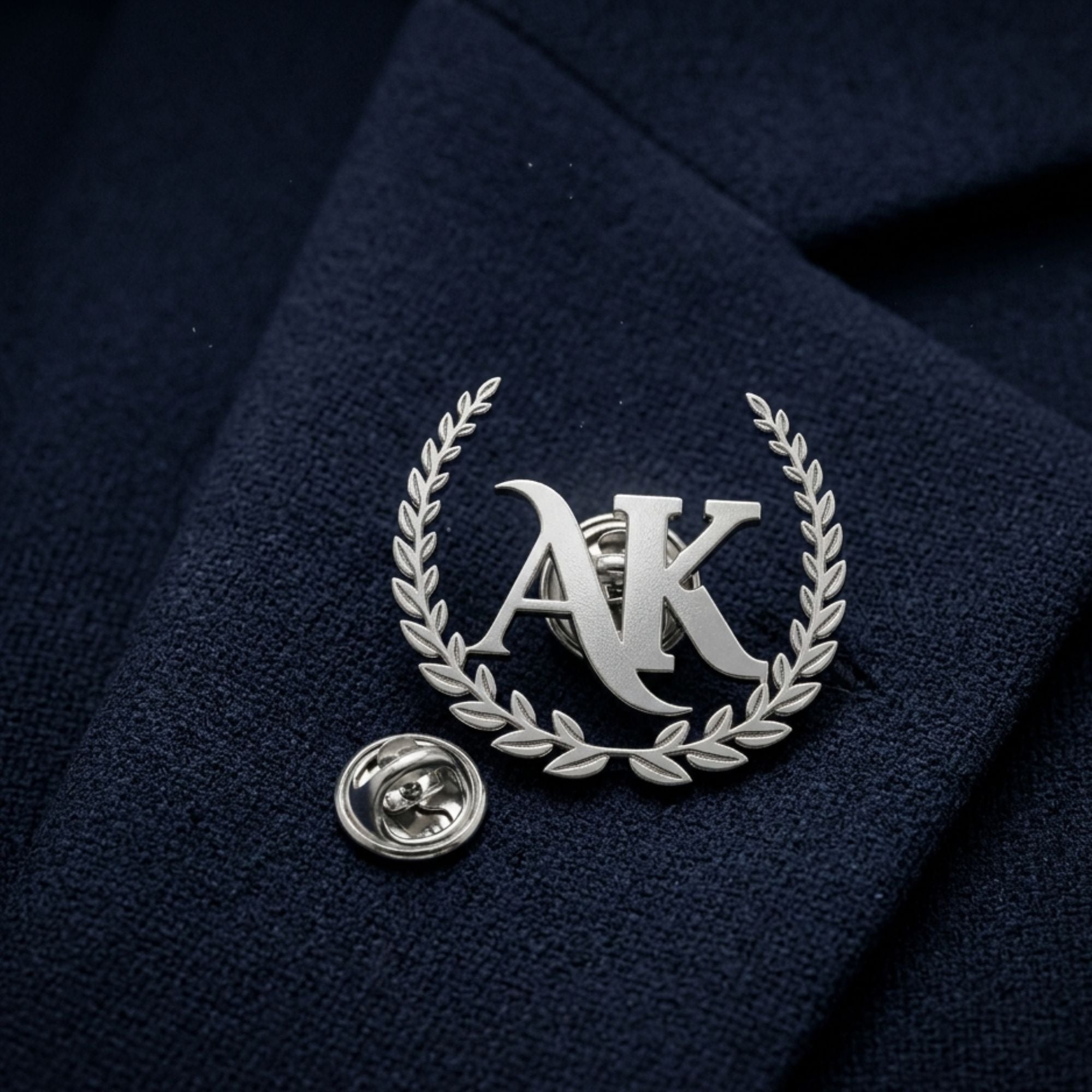 Gold Laurel Wreath Monogram 'AK' Crest Brooch Pin for Suits & Accessories