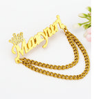 Personalized Name Brooch with Stone Crown Design | Custom Name Chain Brooch Pin for Men & Women | Stylish Alphabet Name Badge Jewelry Gift