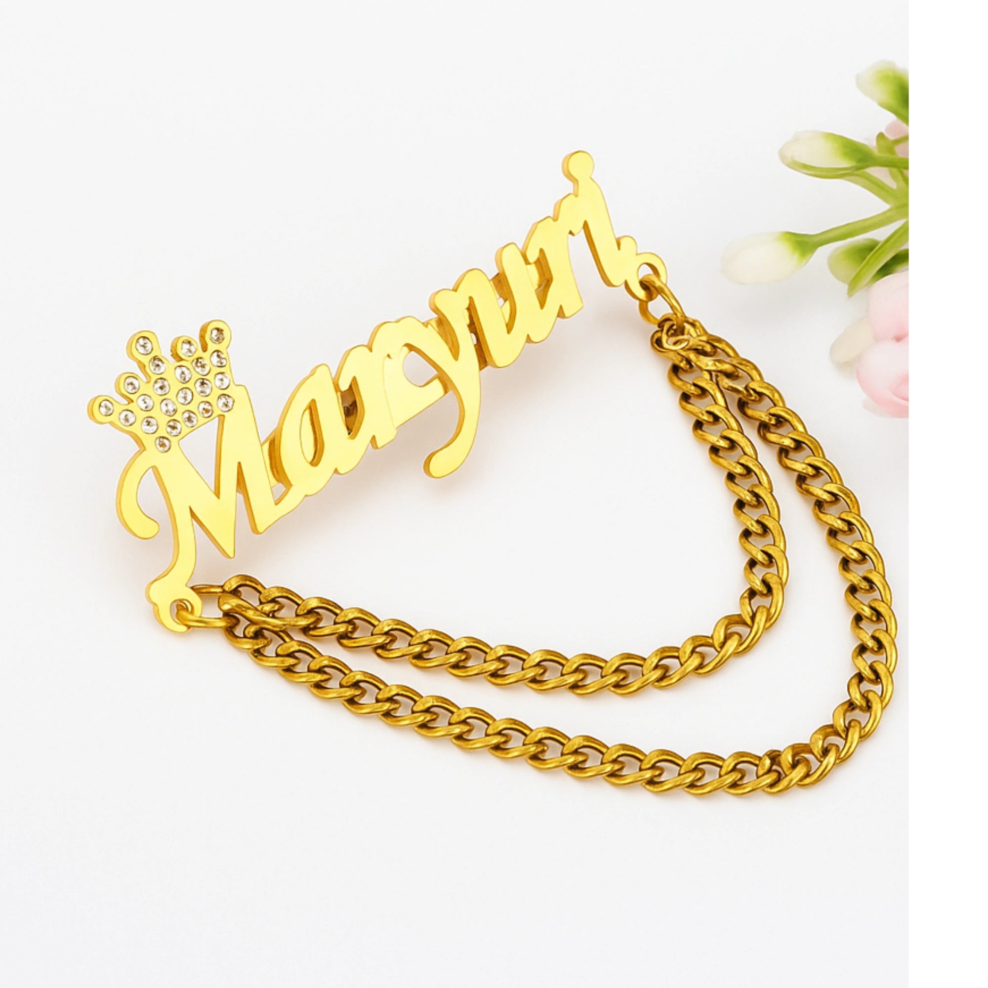 Personalized Name Brooch with Stone Crown Design | Custom Name Chain Brooch Pin for Men & Women | Stylish Alphabet Name Badge Jewelry Gift