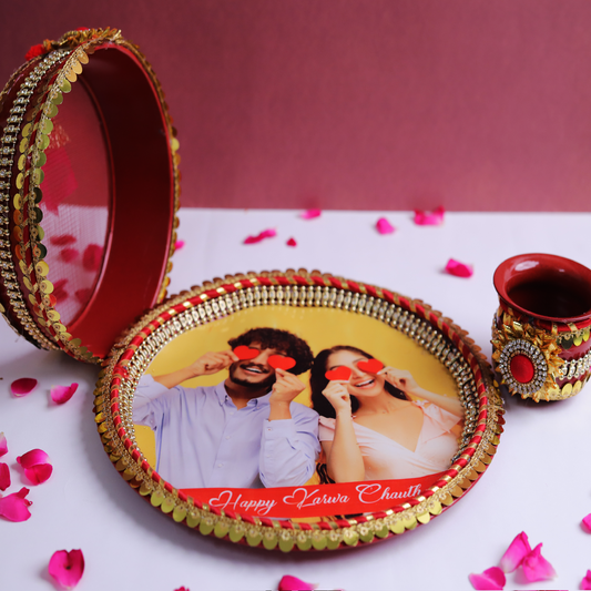 MOSKAI Custom Photo Thali with Gold and Red | Personalized Decorative Pooja Thali
