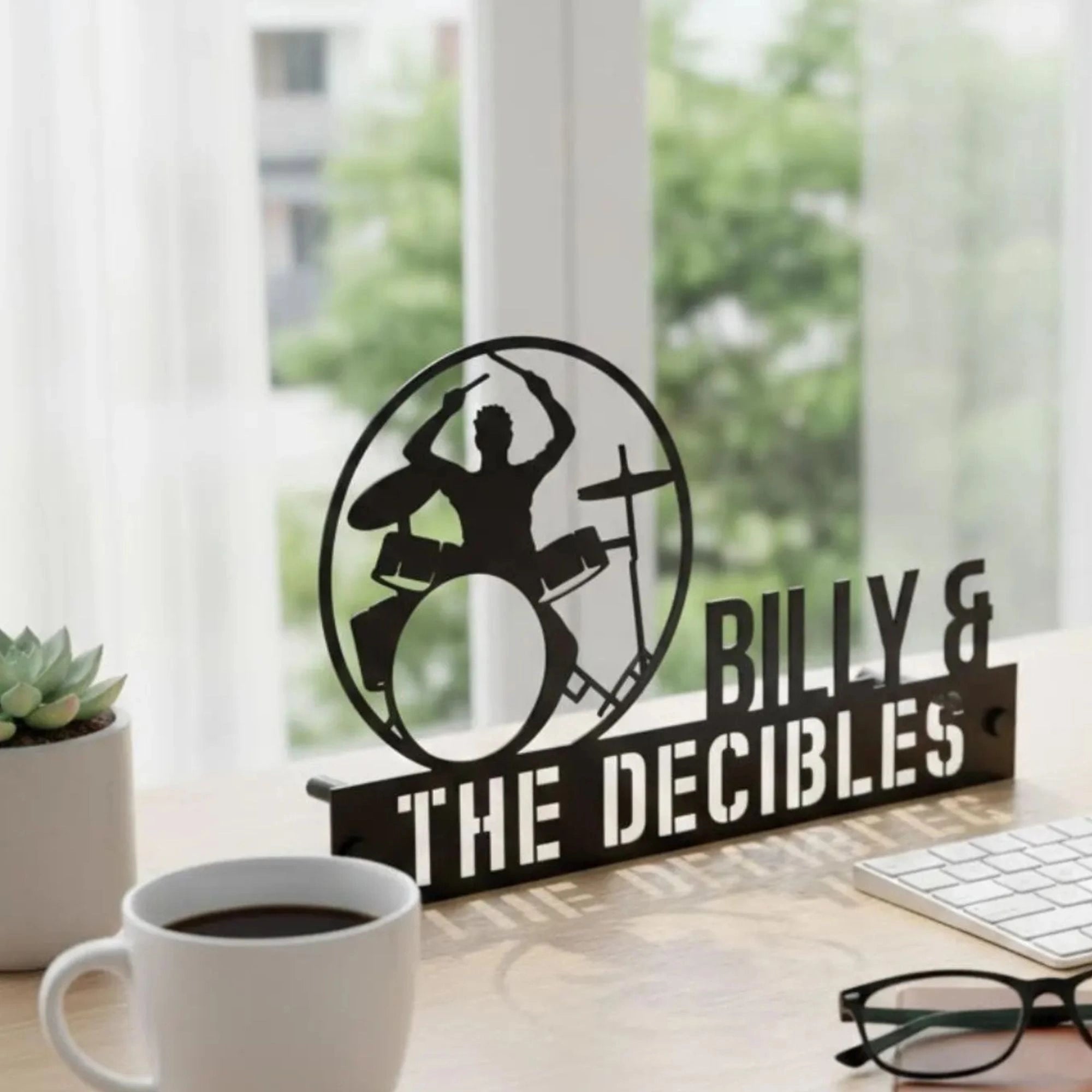 Personalized Drummer Desk Name Plate - Custom Band Name Stainless Steel Table Sign - Musician & Drum Set Office Decor