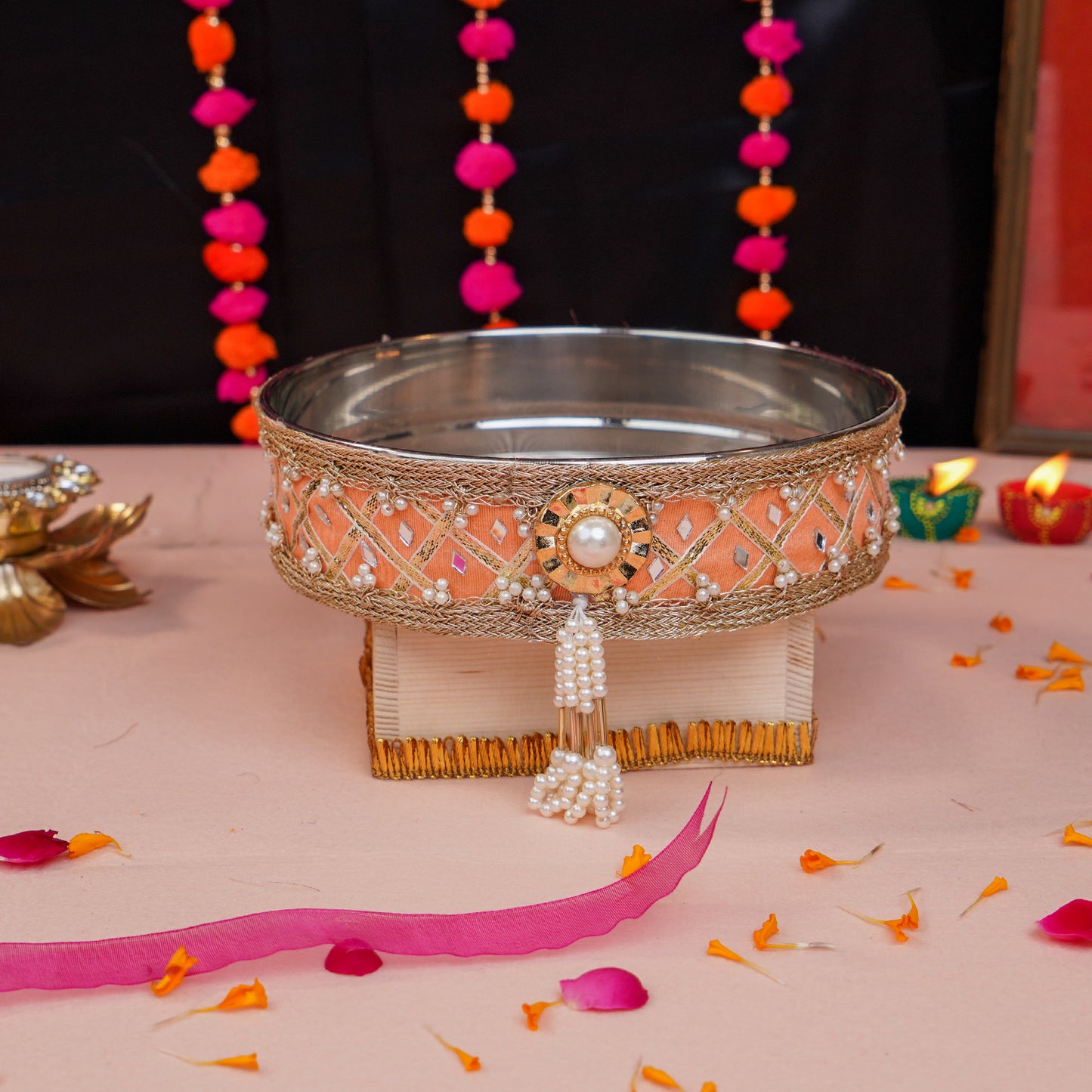 Peachy Mirror Magic Karwa Chauth Thali Set | Peach Colour Star Design