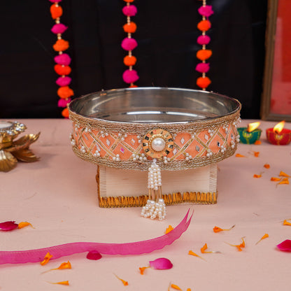 Peachy Mirror Magic Karwa Chauth Thali Set | Peach Colour Star Design