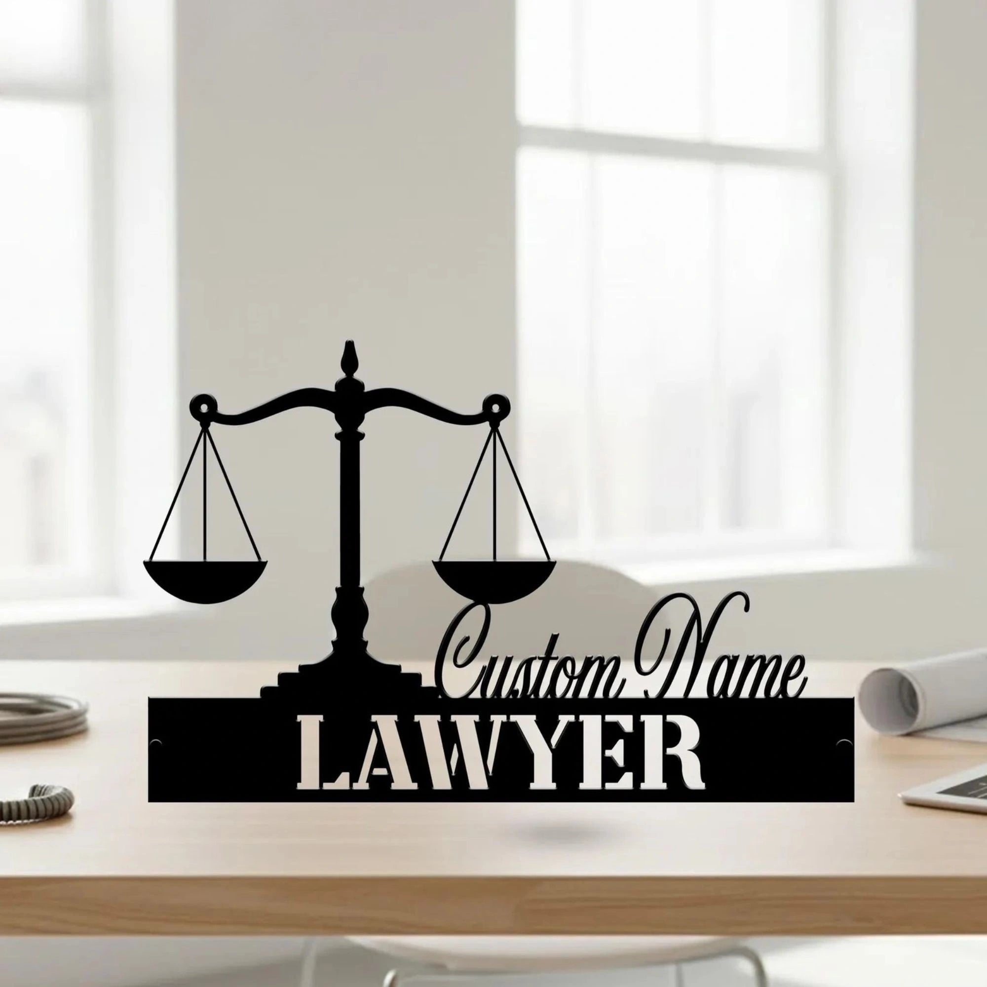 Personalized Stainless Steel Lawyer Desk Name Plate - Custom Attorney Table Sign with Scales of Justice