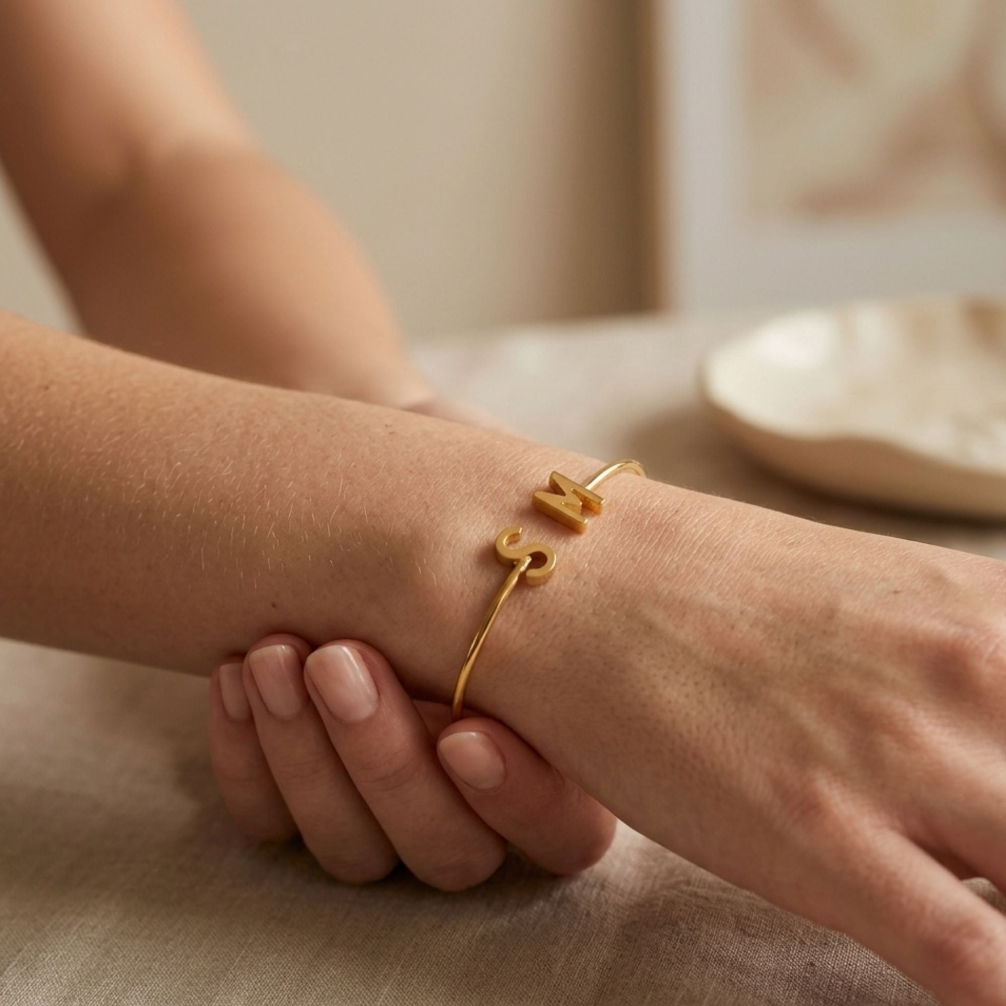 Personalized Double Initial Cuff Bracelet - Gold Plated Custom Two Letter Bangle for Women & Girls